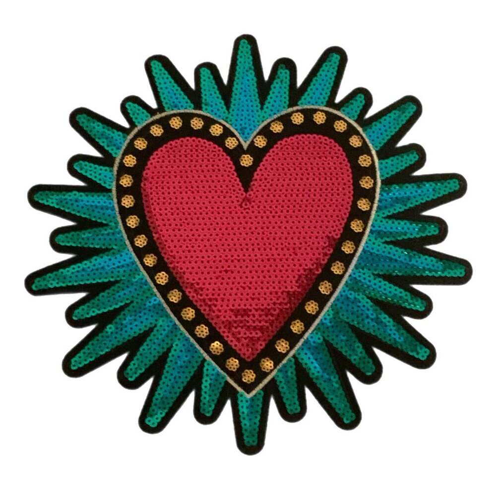 Large Sacred Heart Iron On Patch Red Gold Blue Green Embroidered